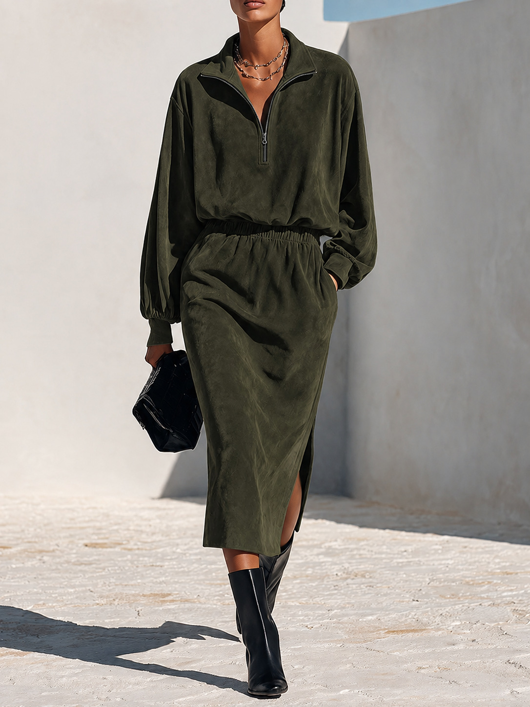 Women's Half-Zip Stand Collar Sweatshirt and Skirt Two-Piece Set