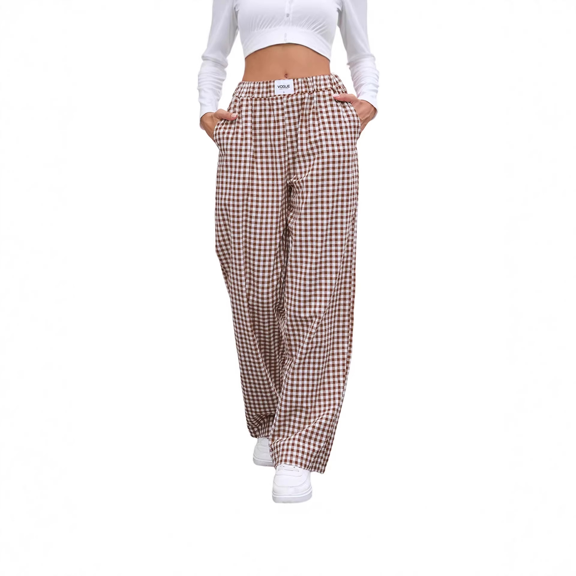 Women's Plaid Cotton-Blend Wide-Leg Lounge Pants with Pockets