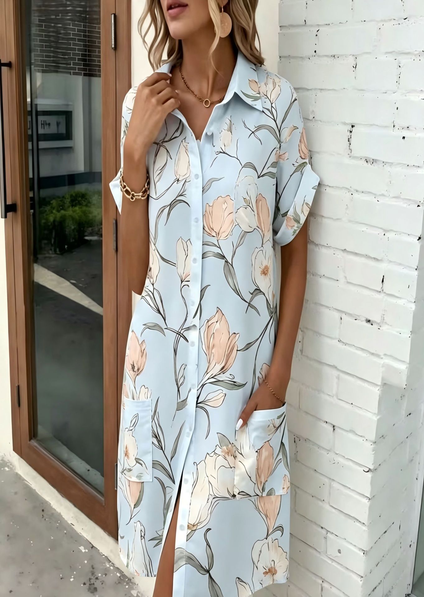 Women's Floral Print Midi Shirt Dress with 3D Digital Print