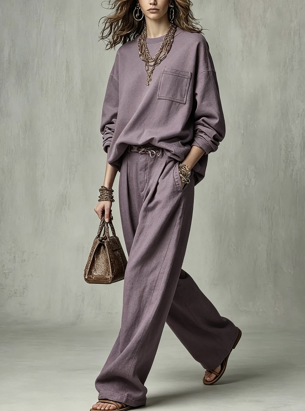 Relaxed Crewneck Sweatshirt & High-Waist Pleated Wide-Leg Pants Set (Belt Not Included)
