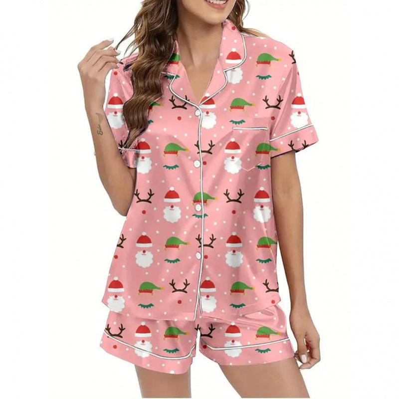 Women's Cuban Collar Short Sleeve Shirt Set with Animal Print