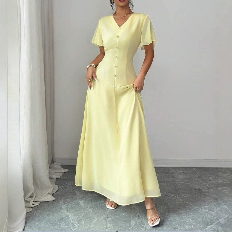 V-Neck Ruffle Short Sleeve Patchwork Midi Dress
