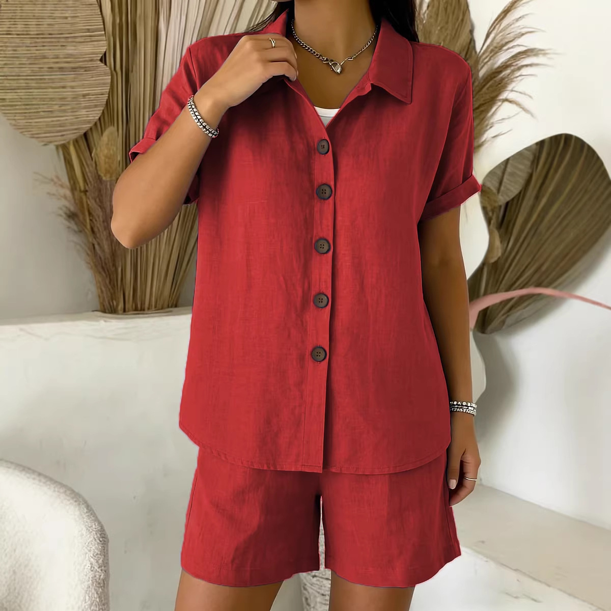 Women's Casual Button Cotton-Linen Short-Sleeve Shirt Set
