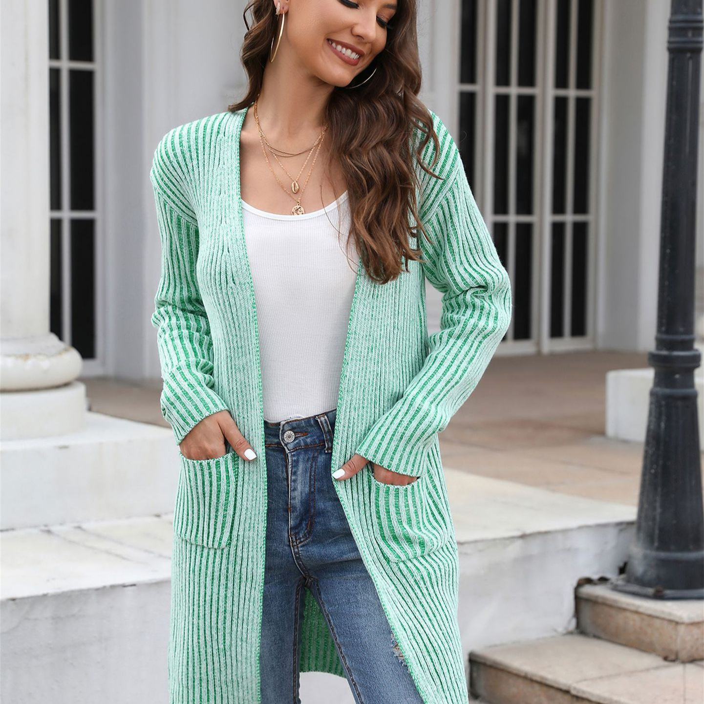 Plus Size Ribbed Knit Cardigan with Pockets Solid Color Long Sleeve Sweater Coat