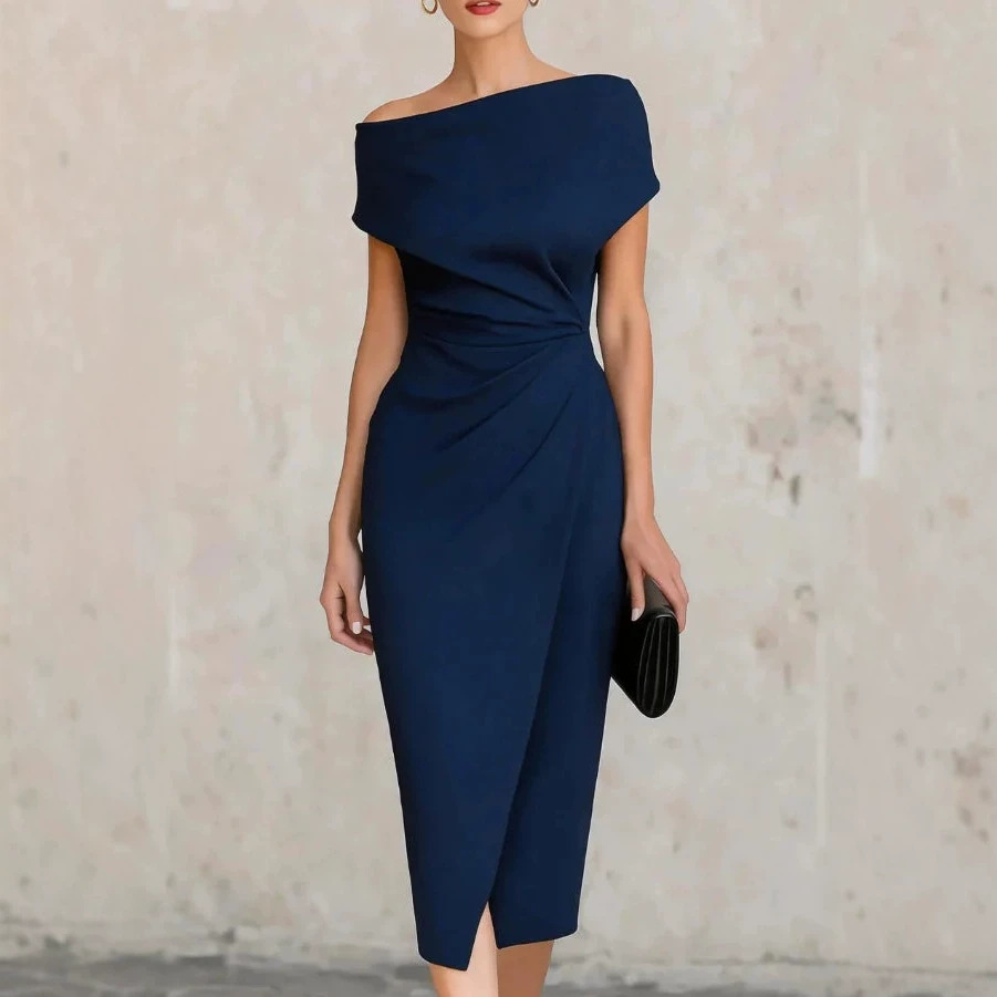 Navy One-Shoulder Twist Waist Slit Bodycon Midi Dress