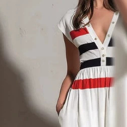 Retro Colorblock White Wide-Shoulder Long Dress