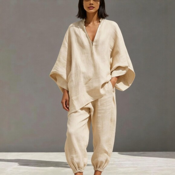 Women's Deep V-Neck Batwing Sleeve Loose Casual Two-Piece Set