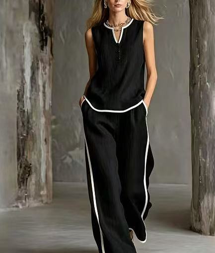 Sleeveless V-Neck Colorblock Wide-Leg Pant Set