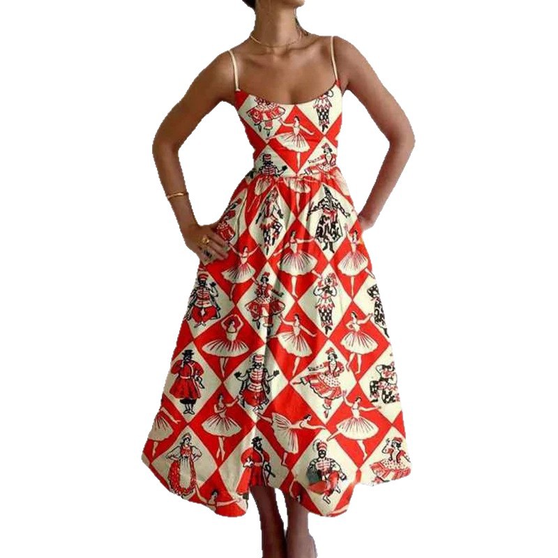 Women's Printed Sleeveless Ruched Waist Long Dress