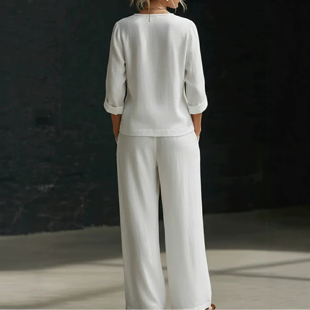 Women's Solid Color Button Top and Straight-Leg Pants Set