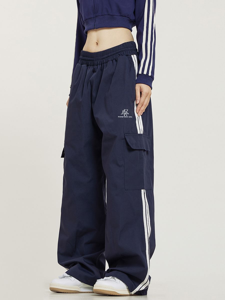 American Retro Side-Stripe Cargo Pants Unisex Straight-Leg Three-Stripe Loose Wide-Leg High-Street Track Pants