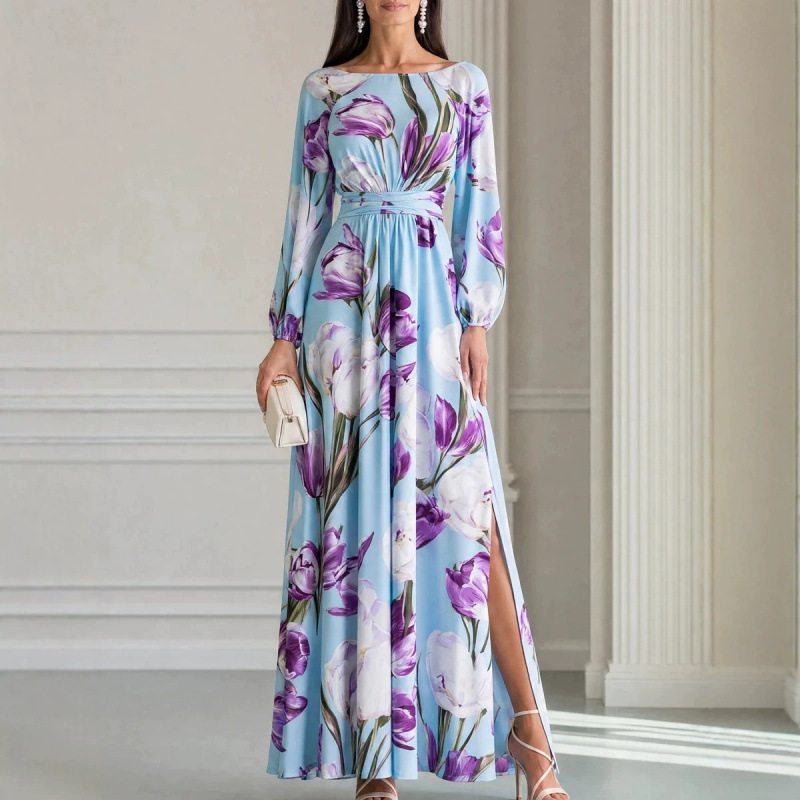 Elegant Floral Print Long Sleeve Bodycon Maxi Dress