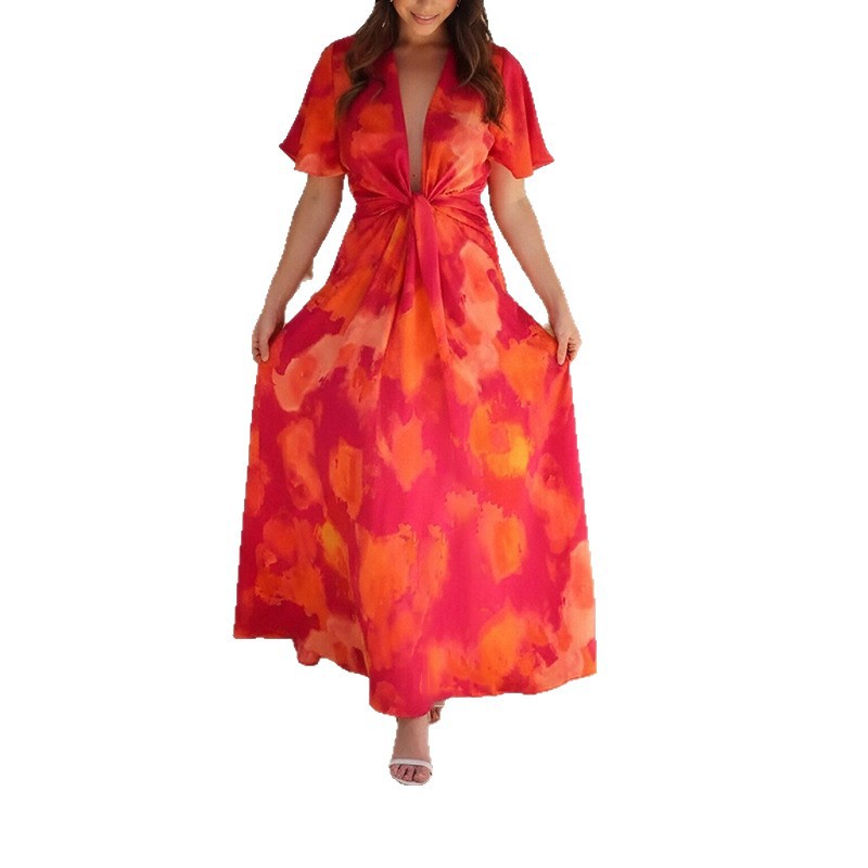 Floral French-Style Long Dress with Deep V-Neck and High Waist