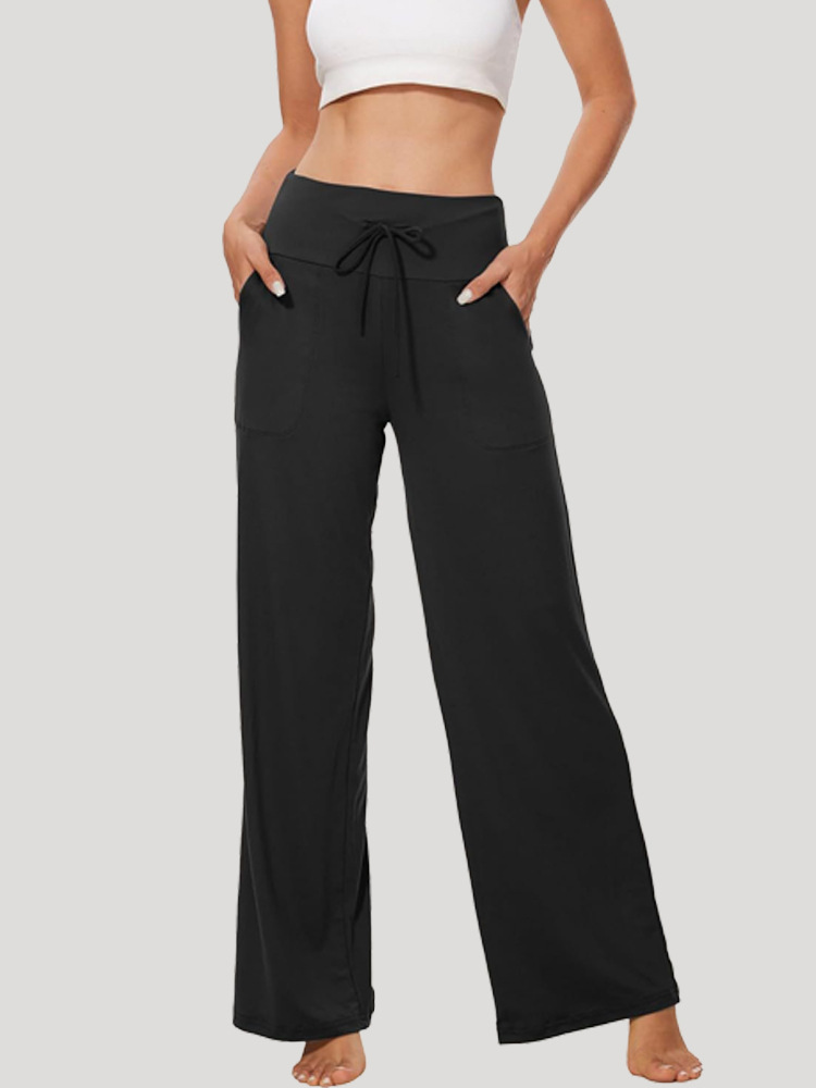 Women's High-Waist Straight-Leg Wide-Leg Pants with Drawstring, Drapey Casual Yoga Trousers