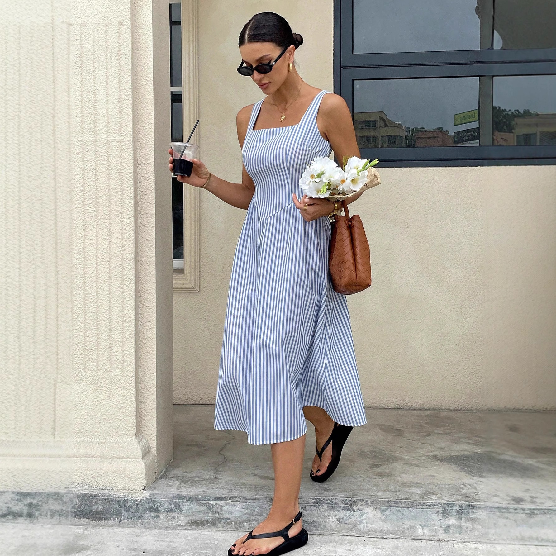 Women's Sleeveless Square Neck Striped A-Line Maxi Dress