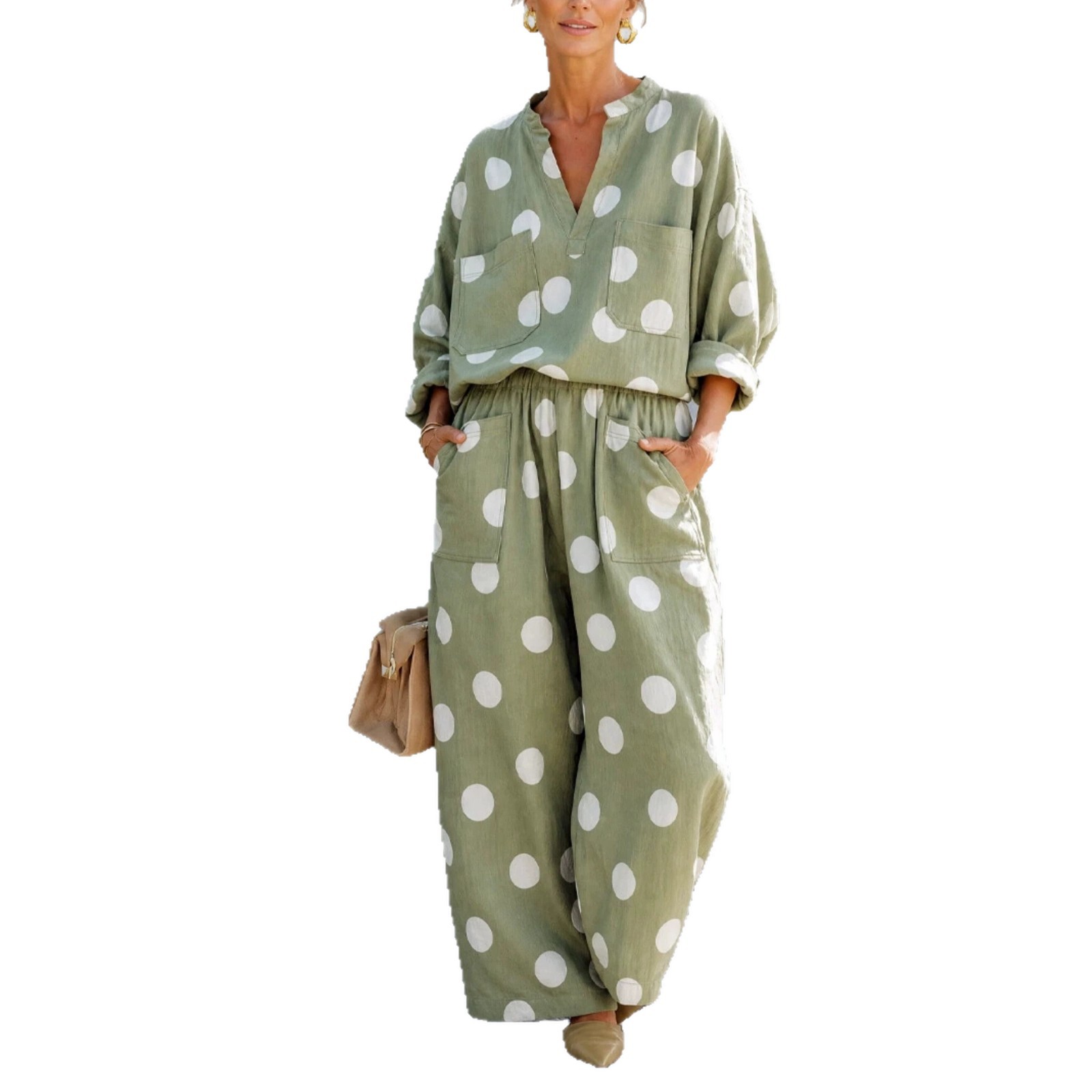 Women's V-Neck Long Sleeve Top and Wide-Leg Pants Two-Piece Set
