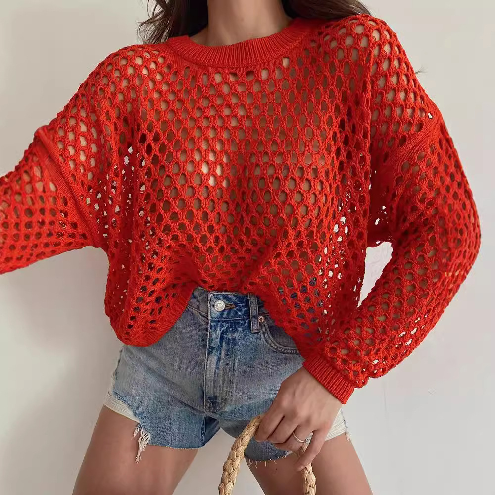 Women's Hollow-Out Knit Sweater with Bell Sleeves, Loose Crew Neck Pullover