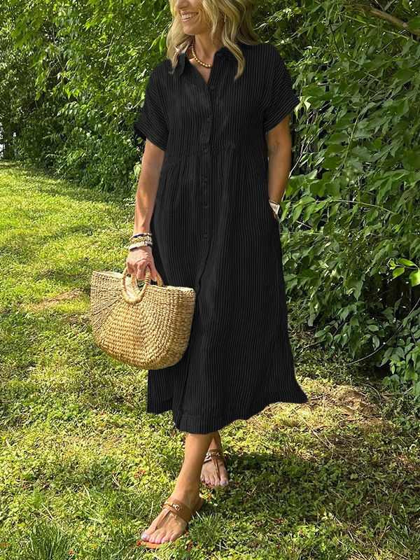 Striped Short Sleeve Shirt Dress Women's Loose Plus Size Cotton Linen Midi Dress