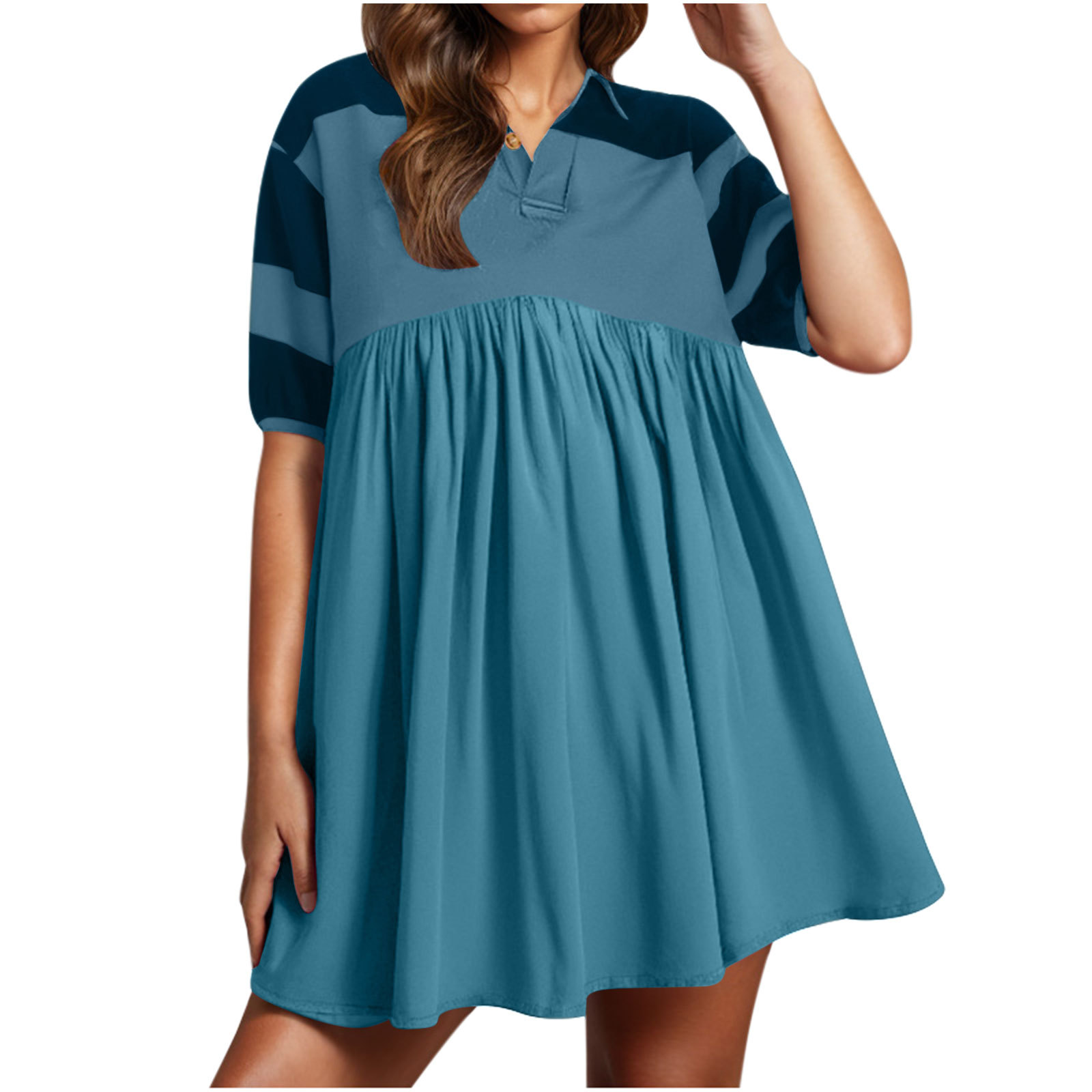 Printed Polo Collar Button Short Sleeve Midi Dress