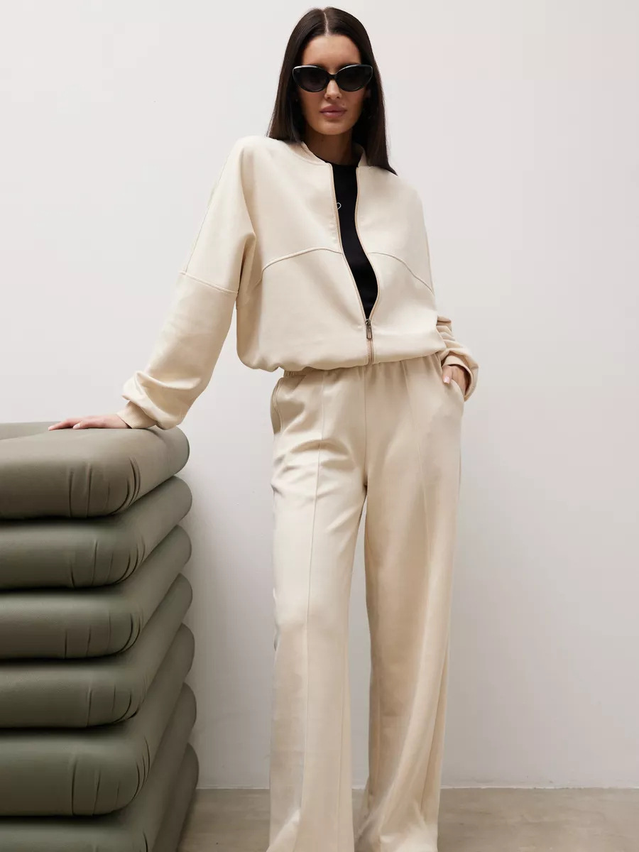 Women's Velvet Two-Piece Set with Zip Cardigan and Elastic Wide-Leg Pants