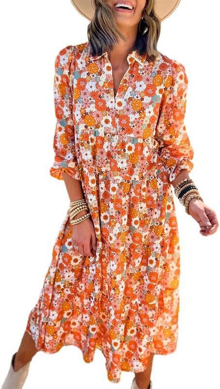Boho Floral V-Neck Long Sleeve Bubble Sleeve A-Line Maxi Dress