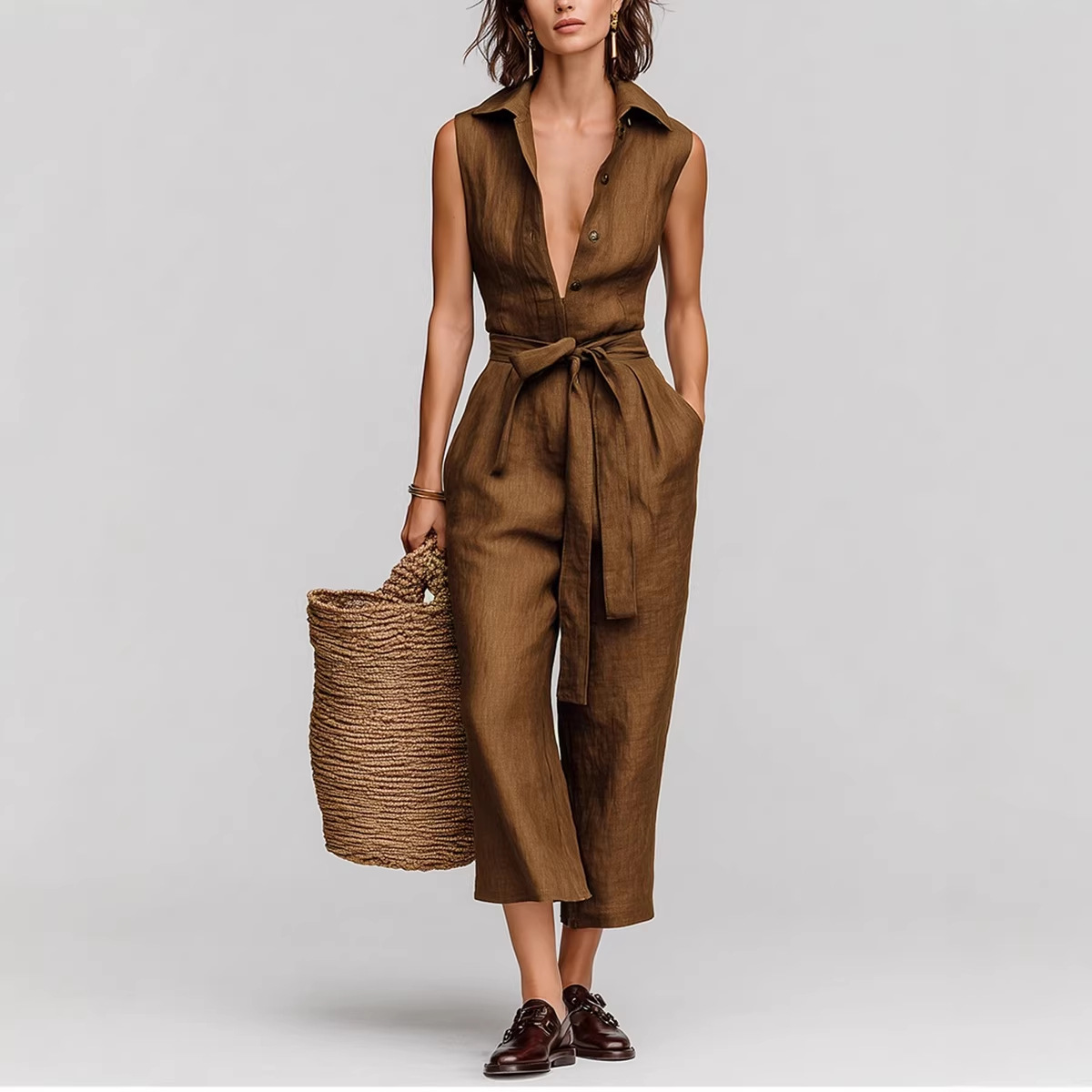 Retro Unisex Sleeveless Collared Tie-Waist Jumpsuit