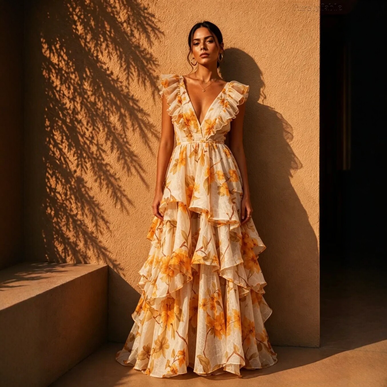 French Ruffle V-Neck Floral Print Maxi Dress