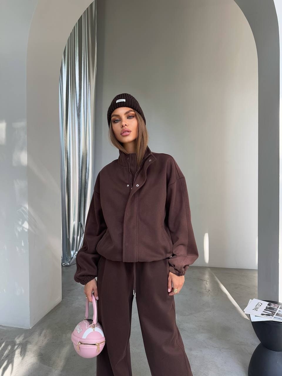 Minimalist Two-Piece Set: Zip-Up Stand Collar Jacket & Wide-Leg Pants