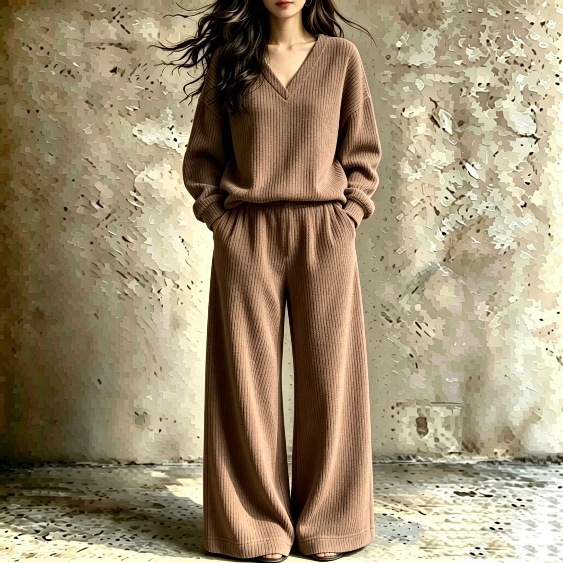 Women's V-Neck Ribbed Knit Two-Piece Lounge Set Long Sleeve Top and Pants