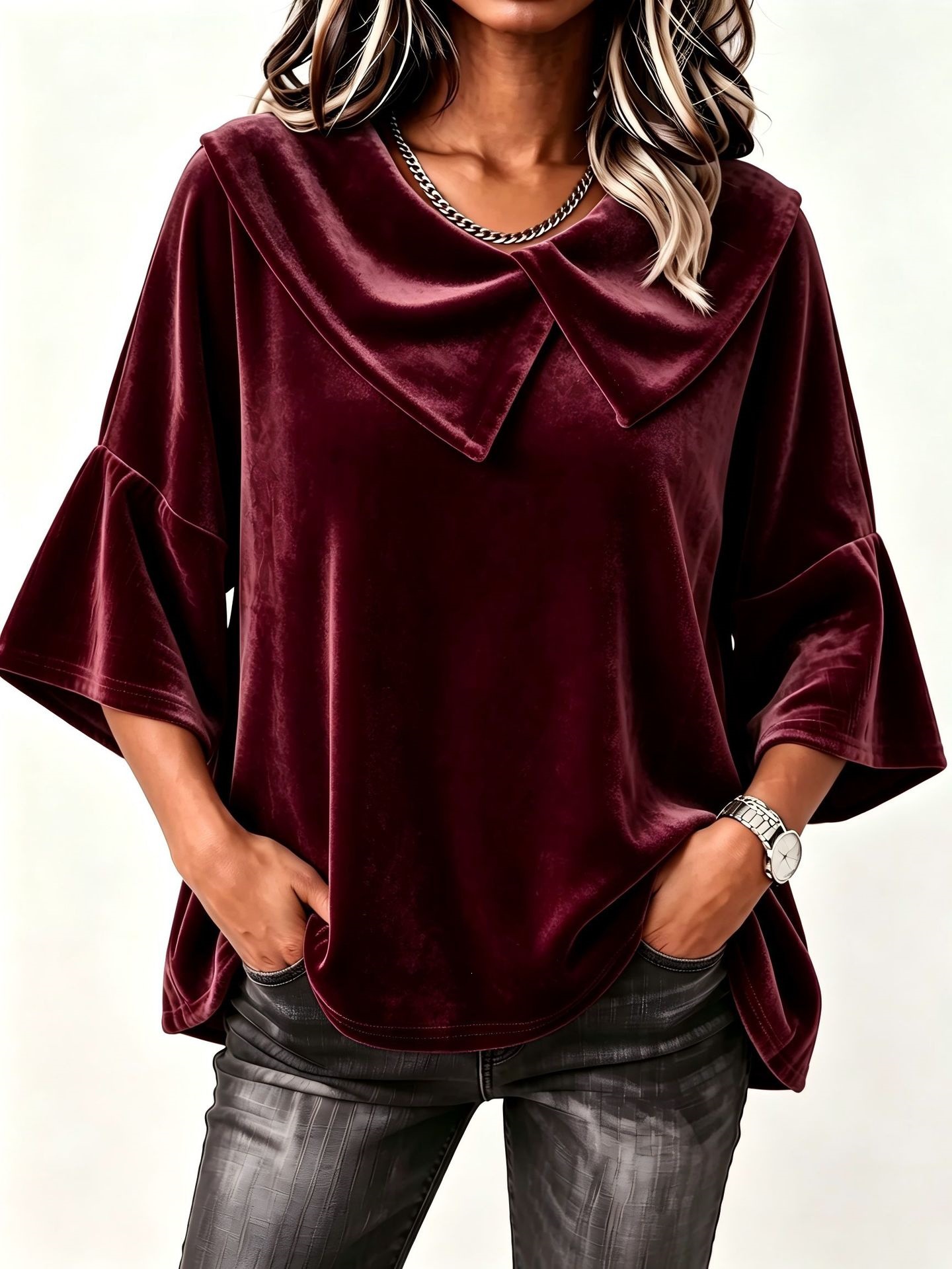 Retro Asymmetric Patchwork Big Lapel Bell Sleeve Loose Velvet Top