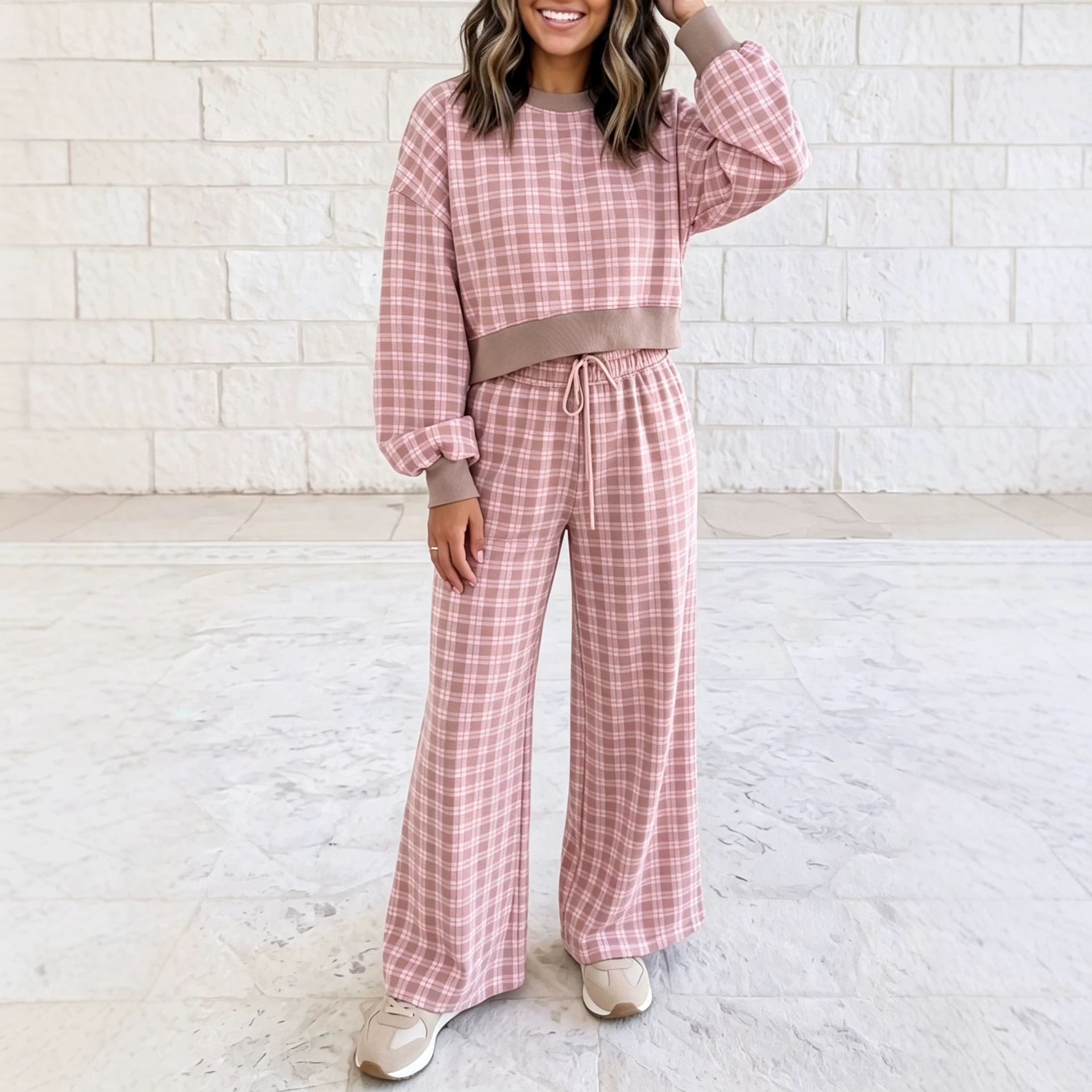 High-Waist Plaid Print Wide-Leg Two-Piece Pants Set