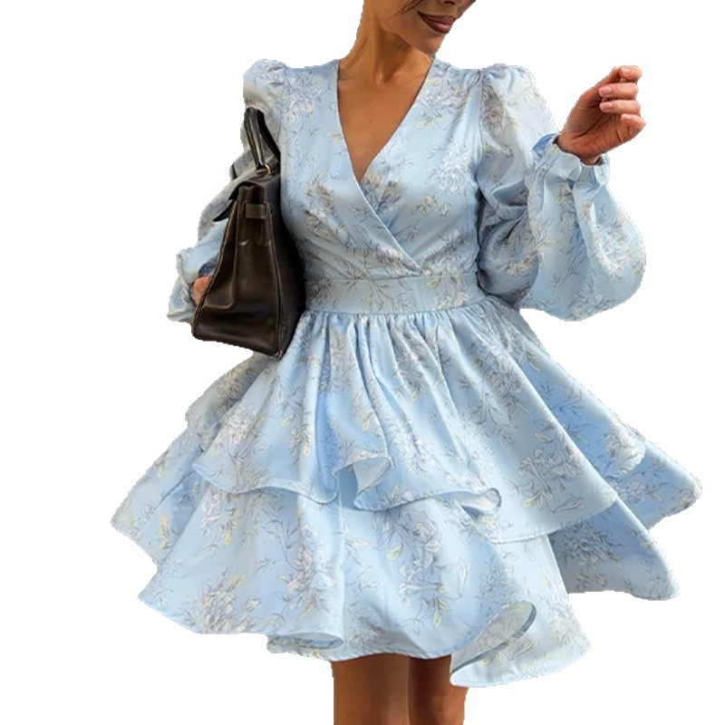 Elegant Floral Print Puff Sleeve Dress