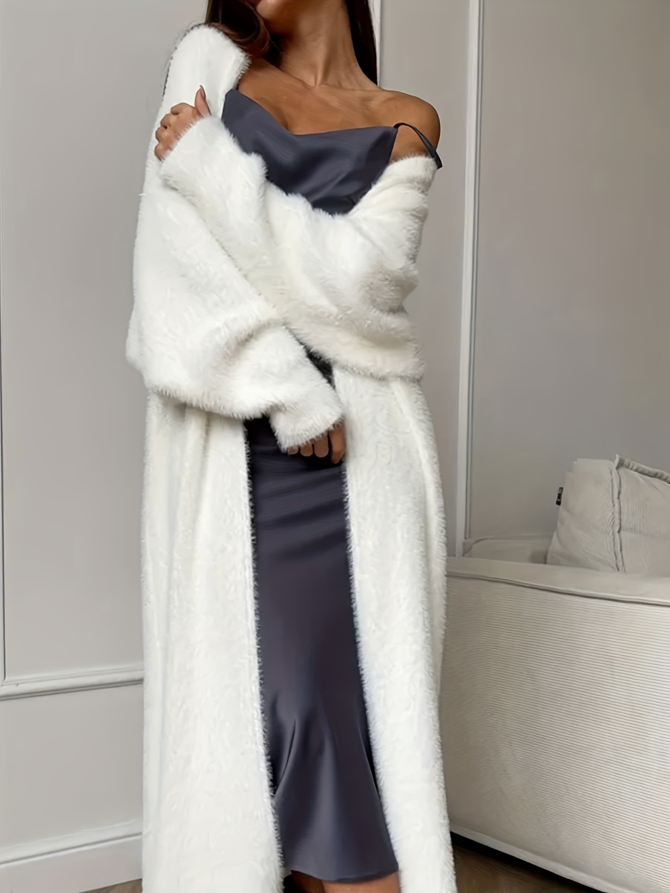Faux Mink Fuzzy Knit Cardigan Coat Women's Loose Long Lantern Sleeve