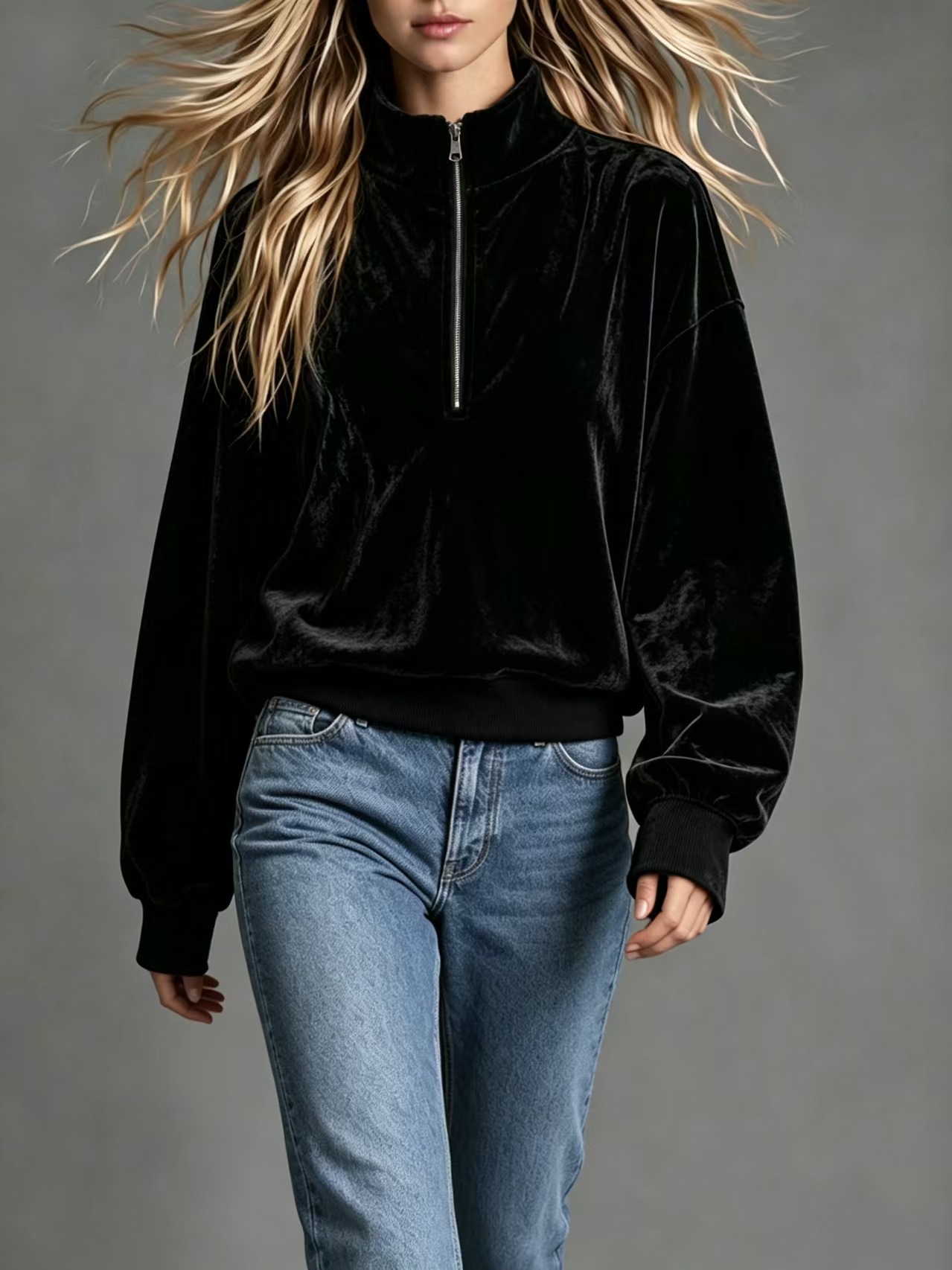 Women's Velvet Zip-Up Stand Collar Loose Long Sleeve Solid Color Casual Sweatshirt