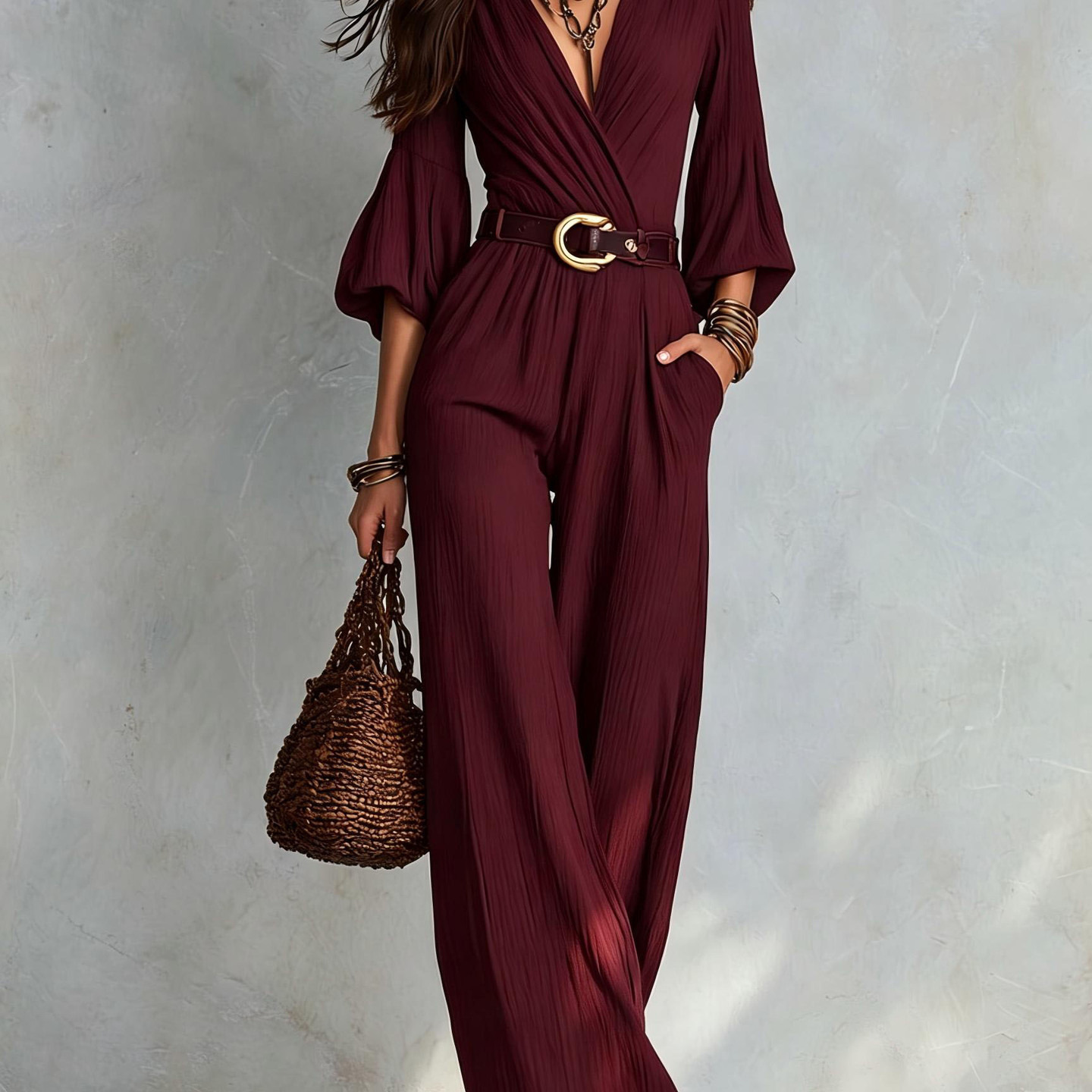 Puff Sleeve High-Waist Wide-Leg Jumpsuit with Belt