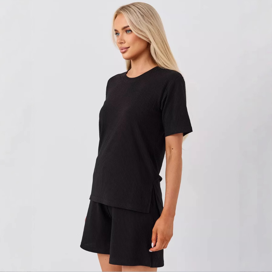 Women's Ribbed Short Sleeve & Shorts Two-Piece Set