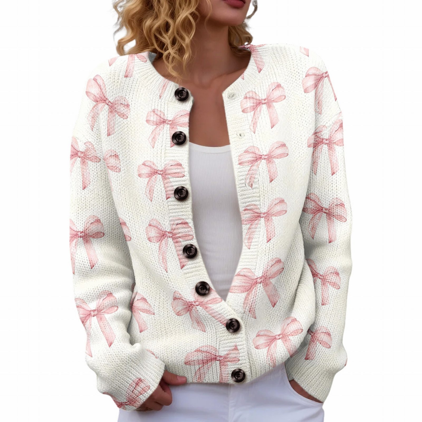 Women's Heart Ribbon Bow Cherry Print Cardigan
