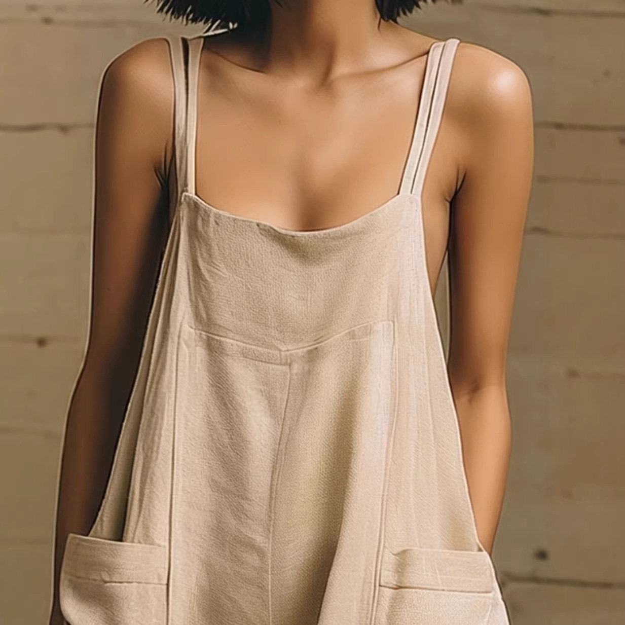 Sleeveless Cotton Jumpsuit with Pockets Beige
