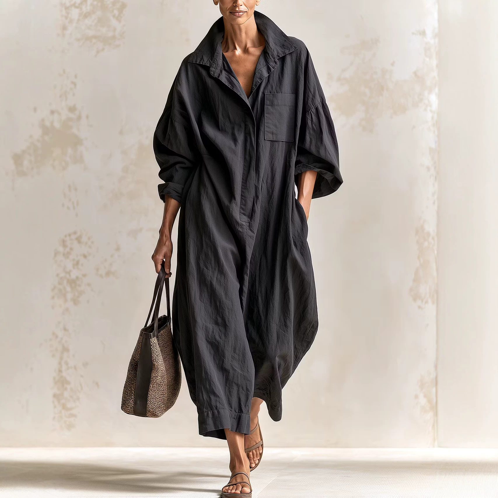Cotton-Linen Collared Long-Sleeve Wide-Leg Jumpsuit
