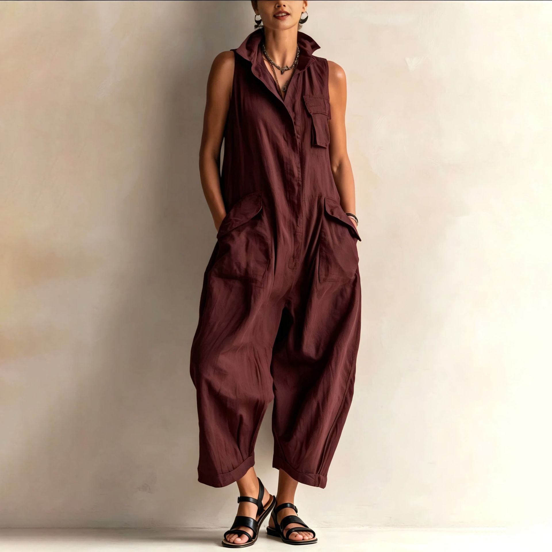 Women's Casual V-Neck Jumpsuit Solid Color Minimalist