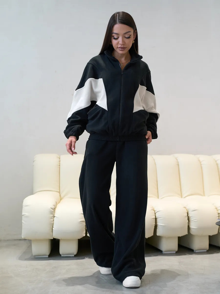 Women's Fleece Colorblock Zip-Up Hoodie and Wide-Leg Pants Set