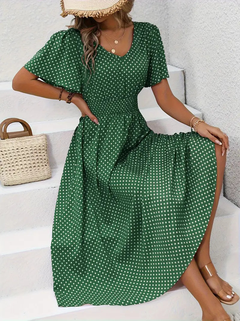 V-Neck Polka Dot Pullover Casual Dress