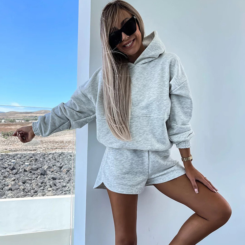 Women's Casual Hoodie and Shorts Set Loose Long Sleeve Solid Color