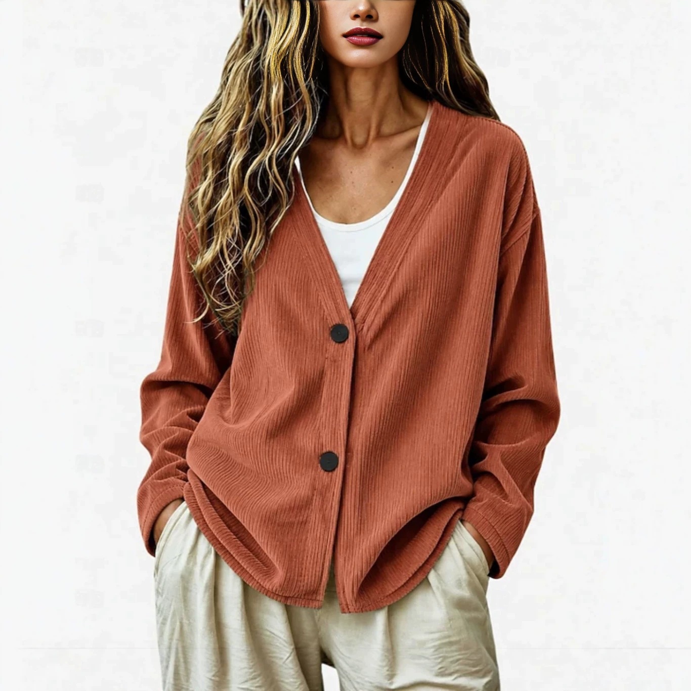 Women's Corduroy V-Neck Button-Front Long-Sleeve Cardigan