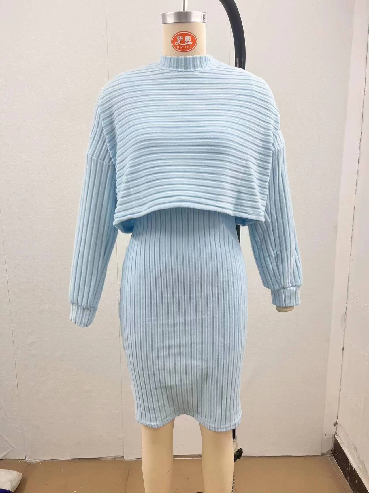 Ribbed Long-Sleeve Top and Cami Dress Set