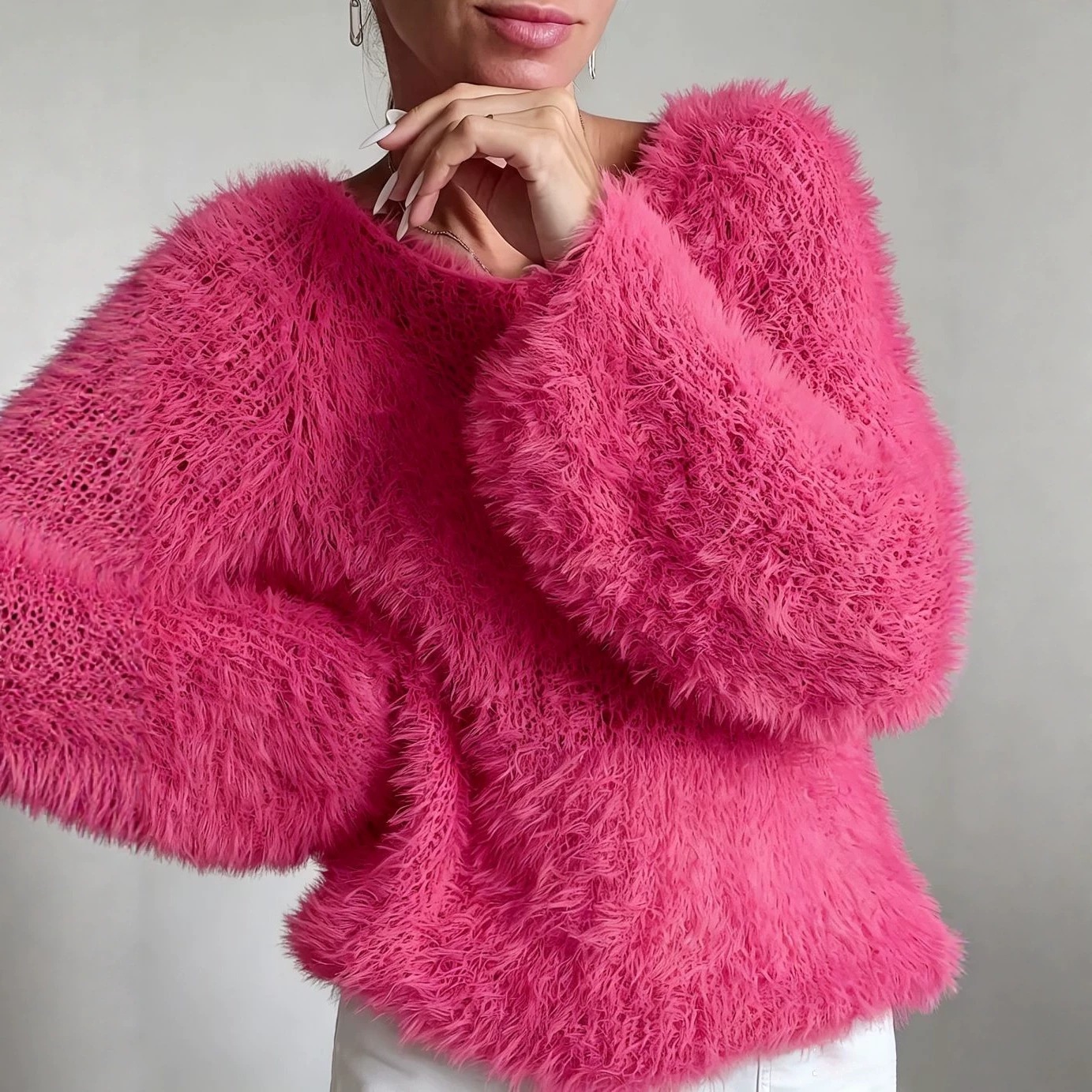 Macaron Color Crewneck Fluffy Long-Sleeve Top