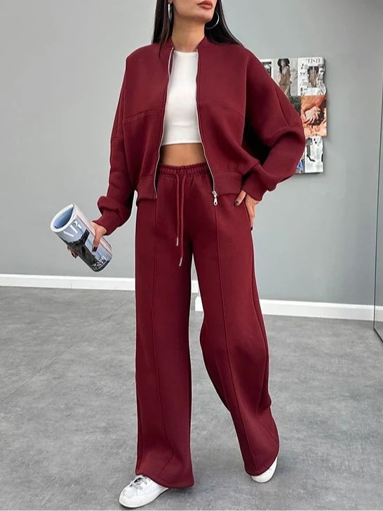 Women's Fleece-Lined Zip Cardigan & Straight-Leg Pants Set