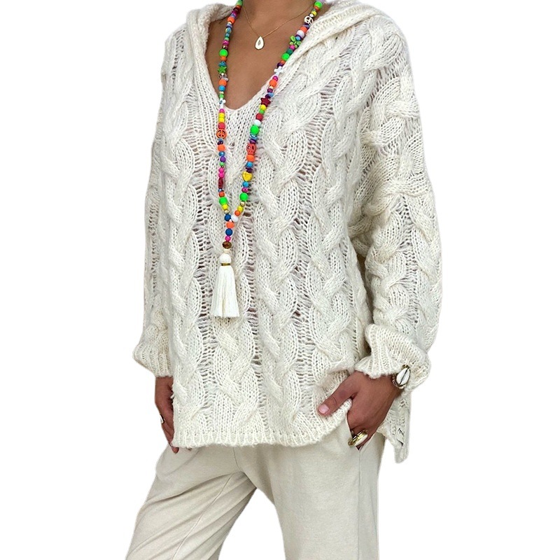 Women's Cable-Knit Hooded Sweater, Pure Color Pullover