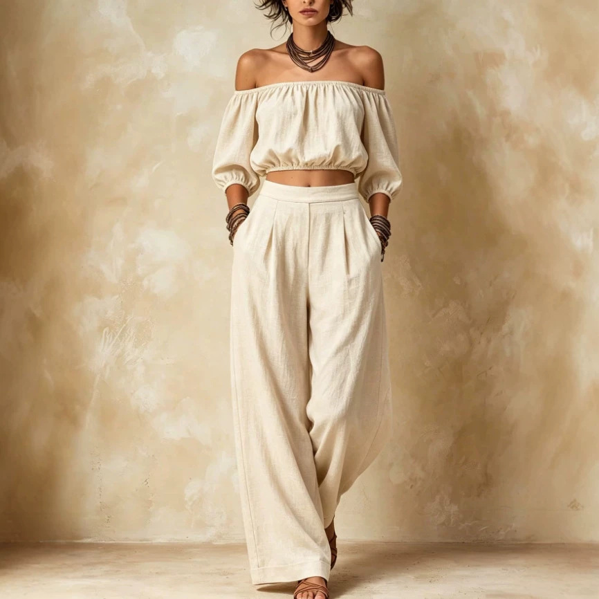 Off-Shoulder Lantern Sleeve High-Waist Wide-Leg Two-Piece Set
