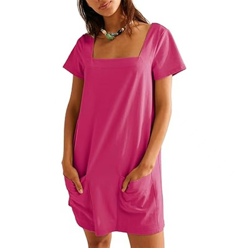 Square Neck Short Sleeve A-Line Dress with Pockets Solid Color